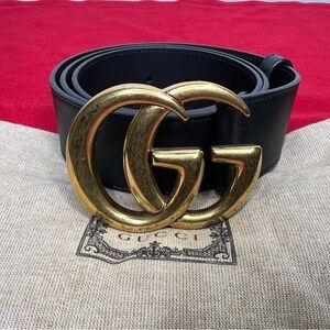 Gucci Belt GG Marmont Gold Buckle Interlocking Double G Black leather